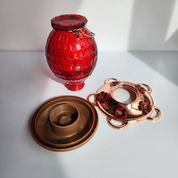 Hummingbird Feeder Red Honeycomb Design Rose Gold Base Dark Red Flower Holes - Picture 9 of 9